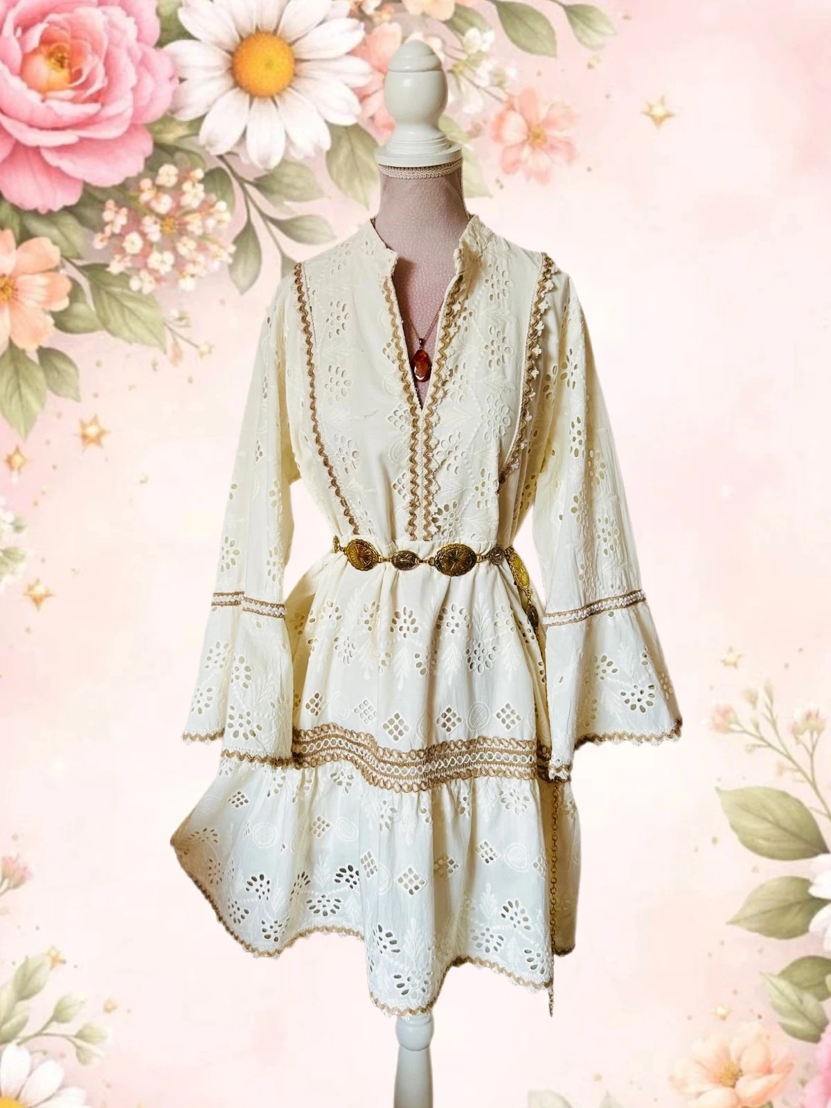 🌾🍃Cotton bohemian cottagecore romantic prairie embroidered dress S/M🌿💐 – photo 3